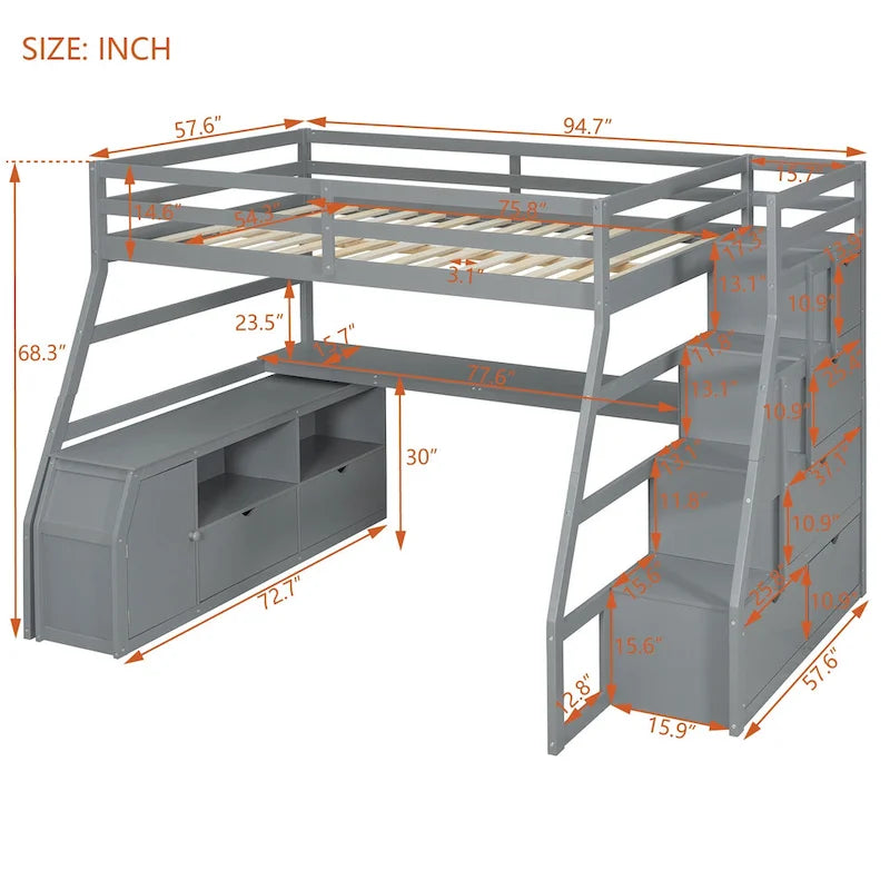 Gray Full Wood Loft Bed with Drawers, Shelves, Desk, Fence Design