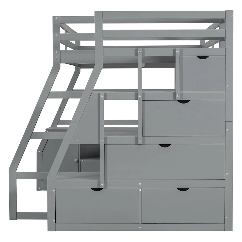 Gray Full Wood Loft Bed with Drawers, Shelves, Desk, Fence Design