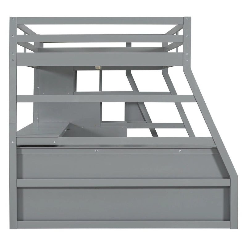 Gray Full Wood Loft Bed with Drawers, Shelves, Desk, Fence Design