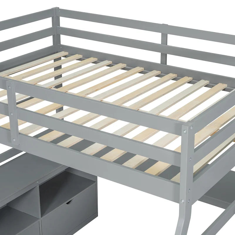 Gray Full Wood Loft Bed with Drawers, Shelves, Desk, Fence Design