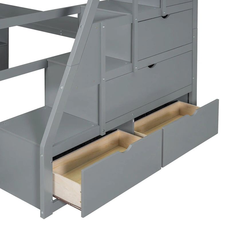 Gray Full Wood Loft Bed with Drawers, Shelves, Desk, Fence Design