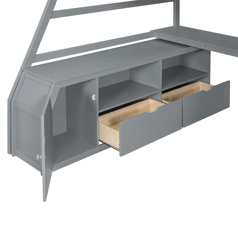 Gray Full Wood Loft Bed with Drawers, Shelves, Desk, Fence Design
