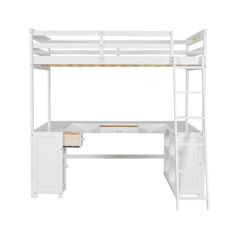 White Full Size Solid Wood Loft Bed with Desk, Blackboard, and Drawers