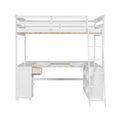 White Full Size Solid Wood Loft Bed with Desk, Blackboard, and Drawers