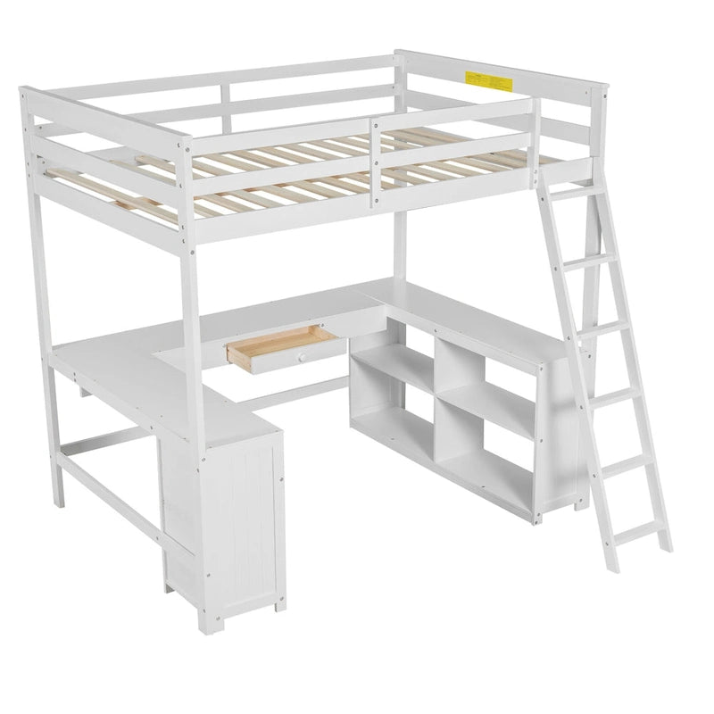 White Full Wood Loft Bed with Desk, Blackboard, 3 Drawers, and Shelf