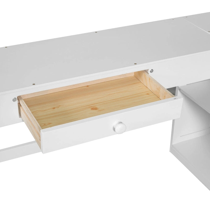 White Full Wood Loft Bed with Desk, Blackboard, 3 Drawers, and Shelf
