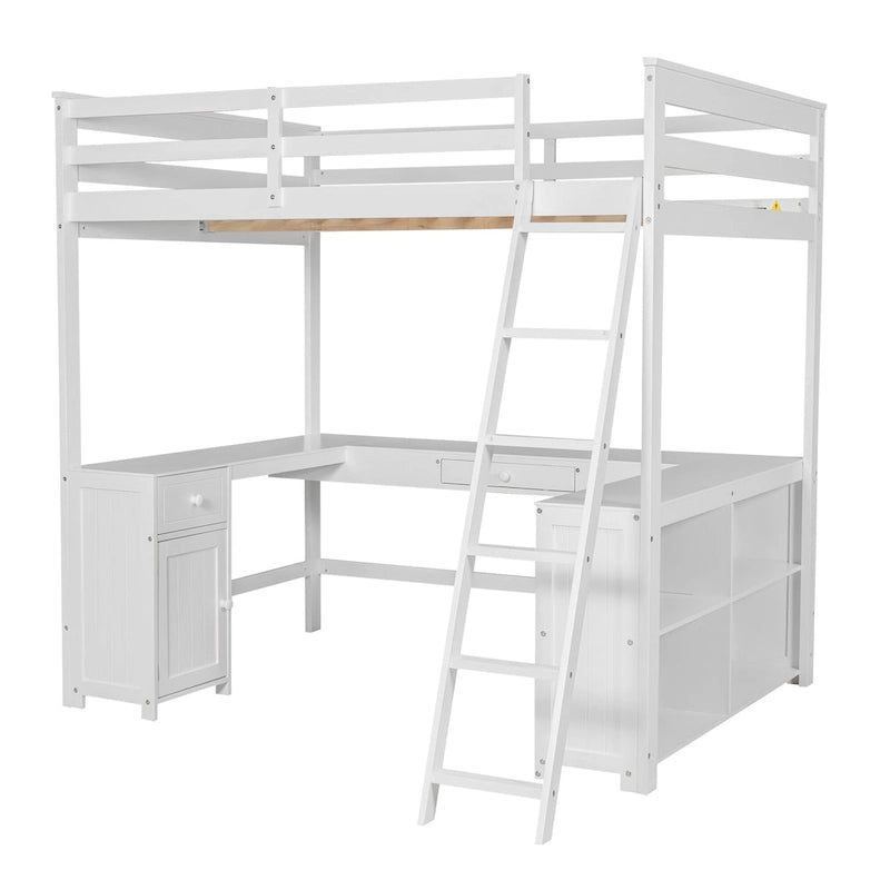 White Full Wood Loft Bed with Desk, Blackboard, 3 Drawers, and Shelf