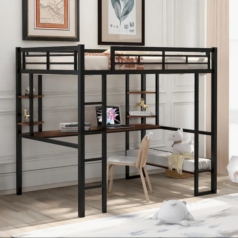 Black Full Metal Loft Bed with Long Desk and Shelves
