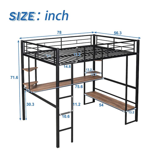 Black Full Metal Loft Bed with Long Desk & Shelves