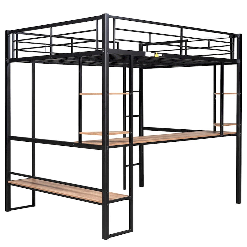 Black Full Metal Loft Bed with Long Desk and Shelves