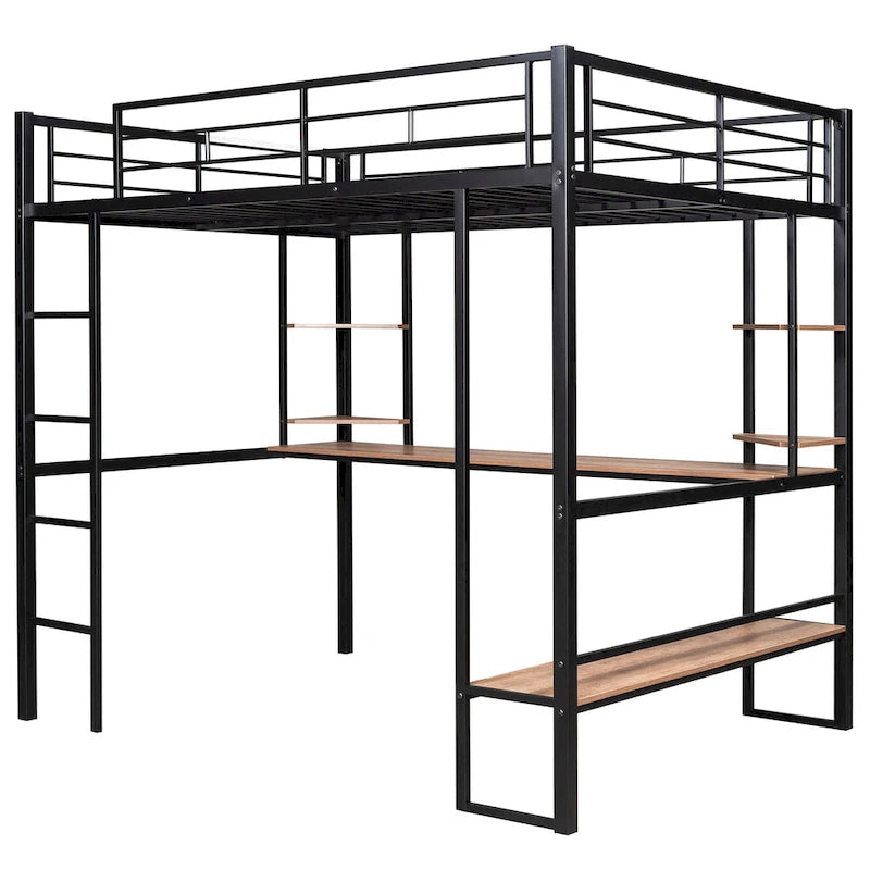 Black Full Metal Loft Bed with Long Desk and Shelves