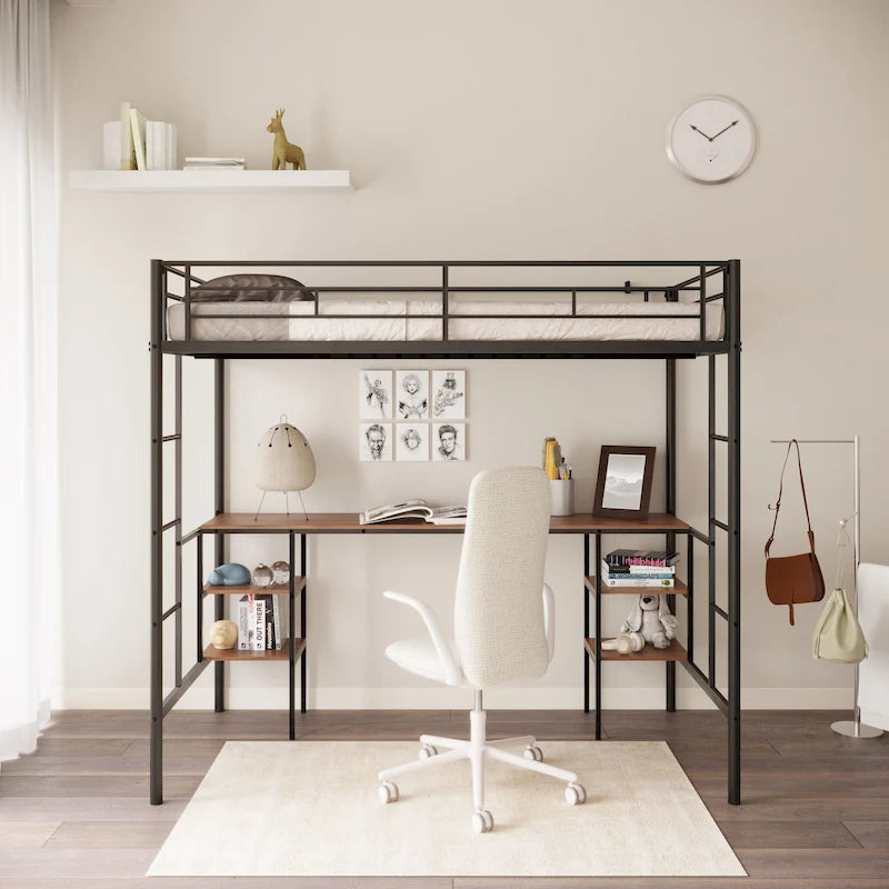 Black Twin Metal Loft Bed with Table and Shelves