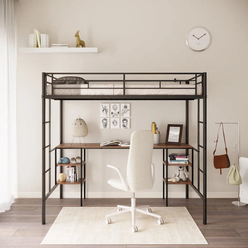 Black Twin Metal Loft Bed with Table & Shelves