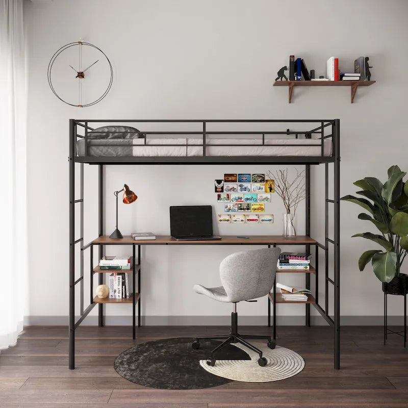 Black Twin Metal Loft Bed with Table and Shelves