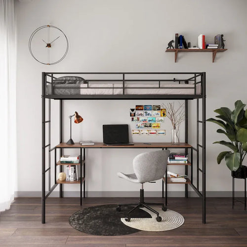Black Twin Metal Loft Bed with Table and Shelves