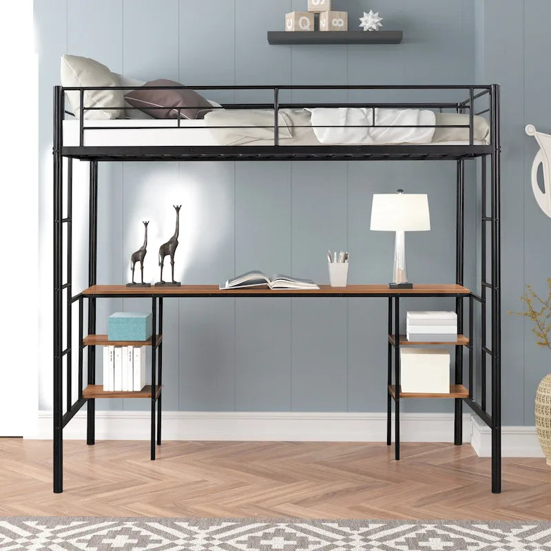 Black Twin Metal Loft Bed with Table and Shelves