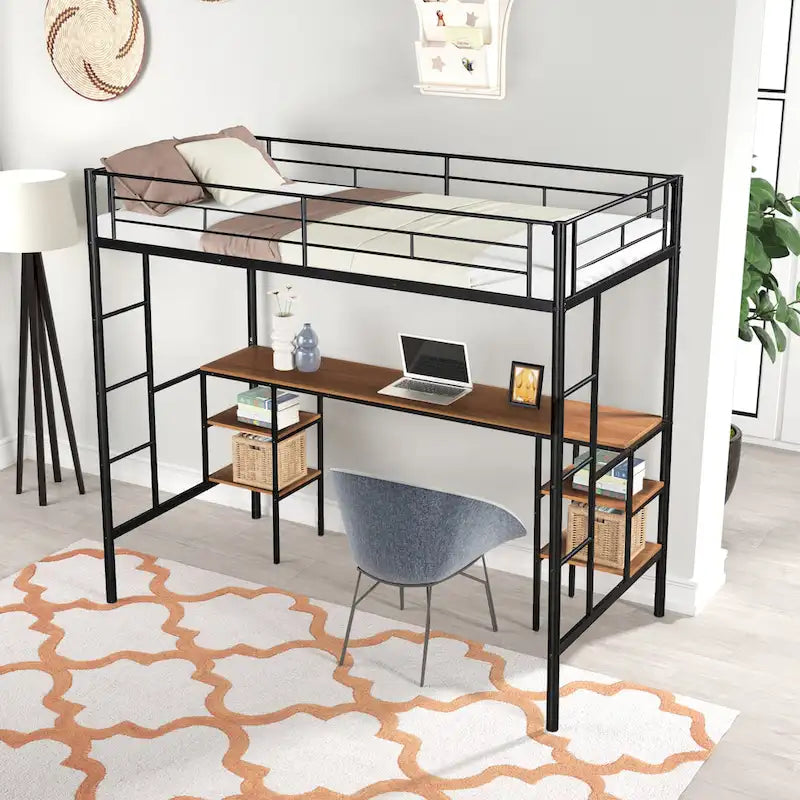 Black Twin Metal Loft Bed with Table and Shelves