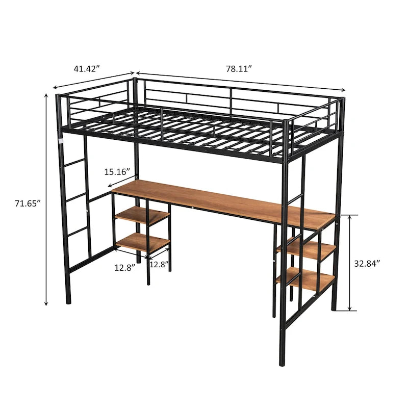 Black Twin Metal Loft Bed with Table and Shelves