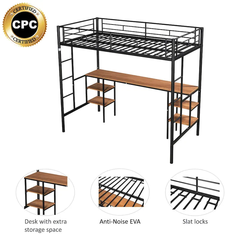 Black Twin Metal Loft Bed with Table and Shelves
