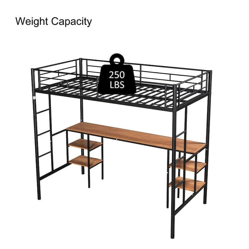Black Twin Metal Loft Bed with Table and Shelves