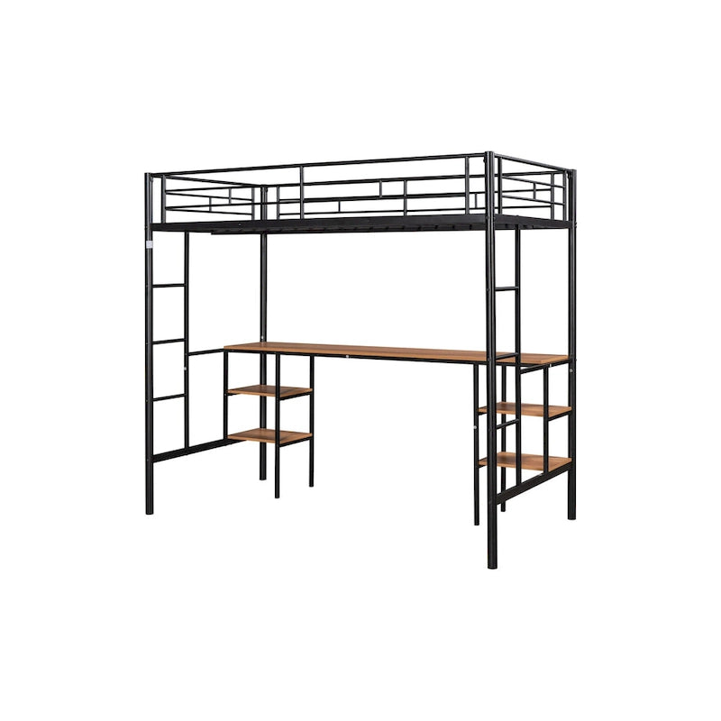 Black Twin Metal Loft Bed with Table and Shelves
