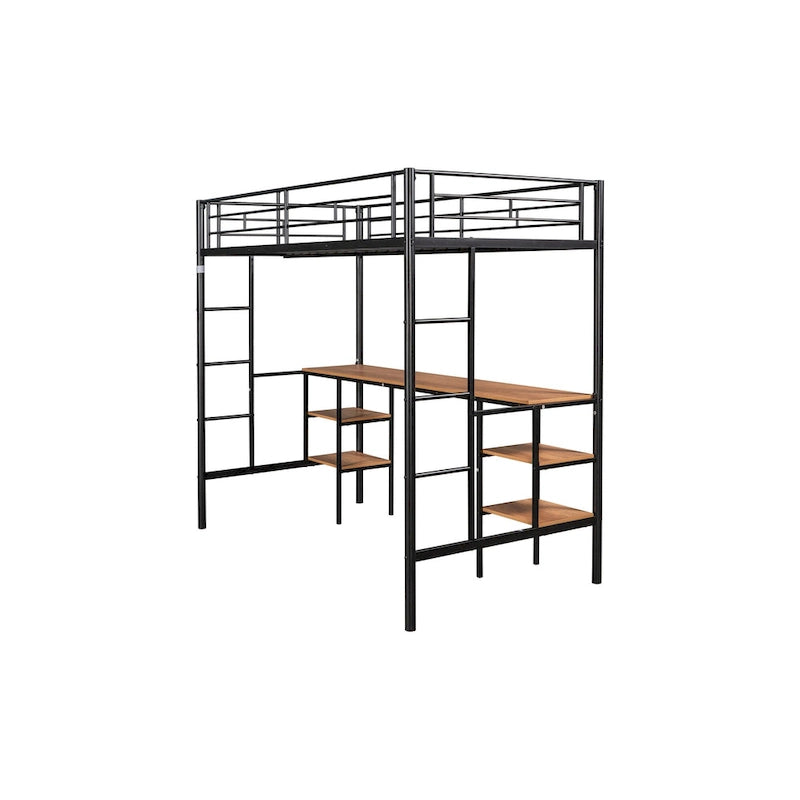 Black Twin Metal Loft Bed with Table and Shelves
