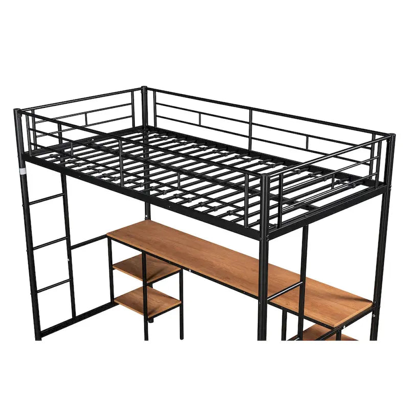 Black Twin Metal Loft Bed with Table and Shelves