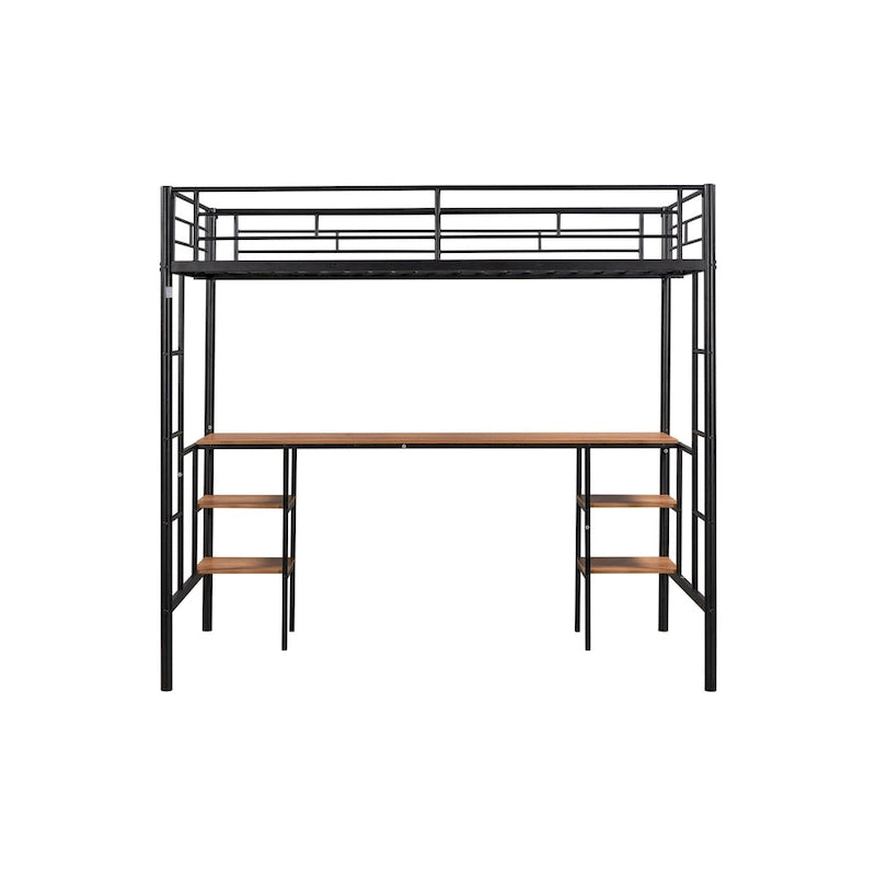 Black Twin Metal Loft Bed with Table and Shelves