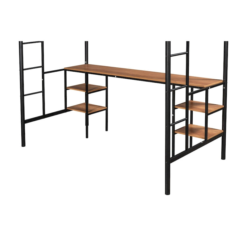 Black Twin Metal Loft Bed with Table and Shelves
