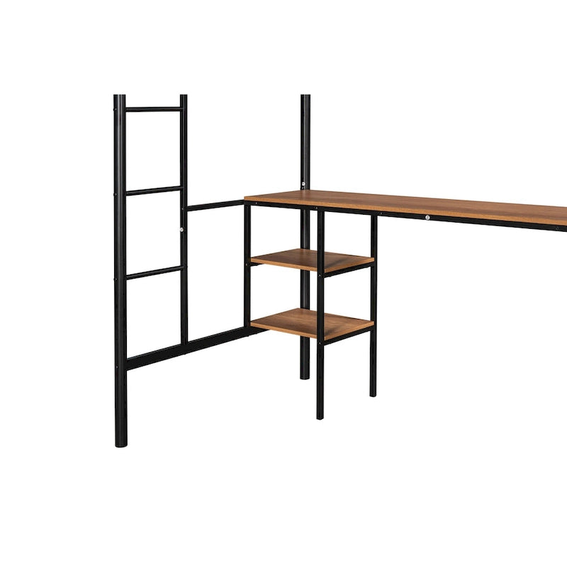 Black Twin Metal Loft Bed with Table and Shelves