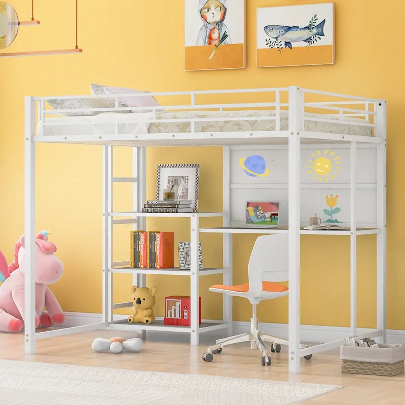 Full Metal Loft Bed with Desk, Whiteboard, and Shelves