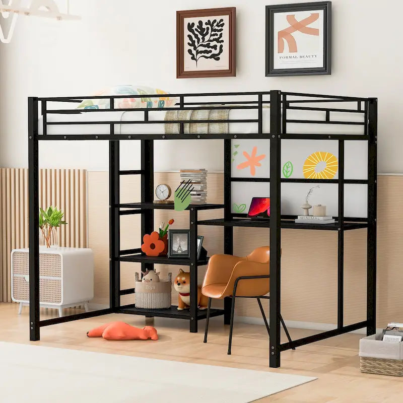 Full Metal Loft Bed with Desk, Whiteboard, and Shelves