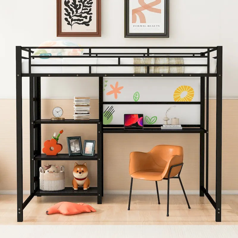 Full Metal Loft Bed with Desk, Whiteboard, and Shelves