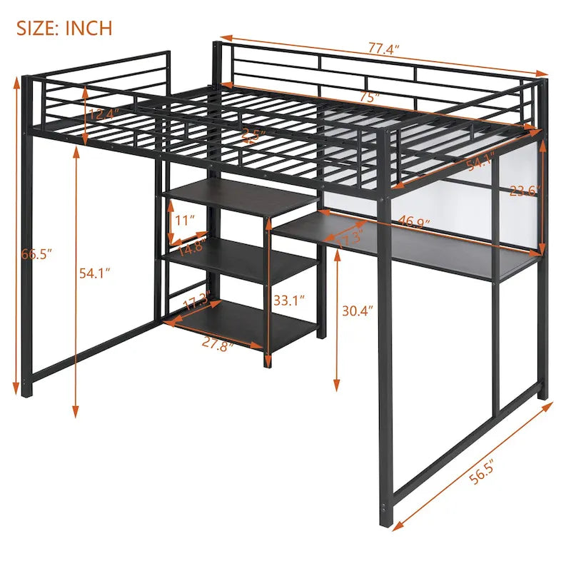 Full Metal Loft Bed with Desk, Whiteboard, and Shelves