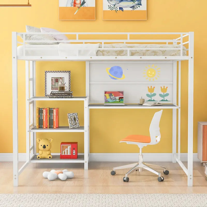 Full Metal Loft Bed with Desk, Whiteboard, and Shelves
