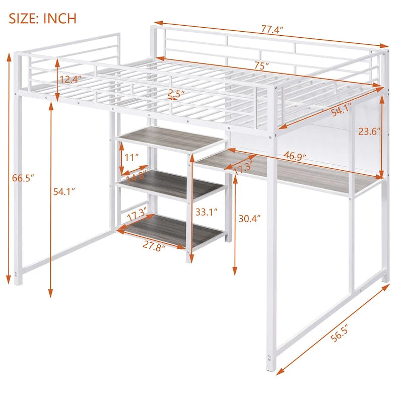 Full Metal Loft Bed with Desk, Whiteboard, and Shelves