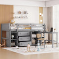 Grey Twin Wood Low Loft Bed with Pull-Out Desk and Shelves