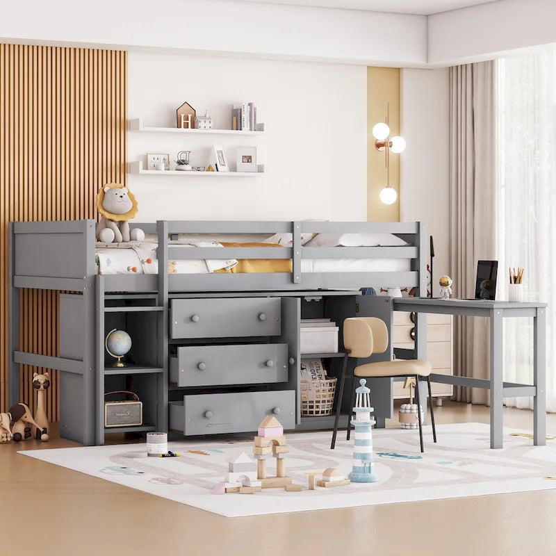 Grey Twin Wood Low Loft Bed with Pull-Out Desk and Shelves