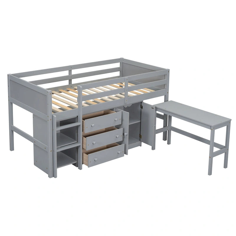 Grey Twin Size Wood Low Loft Bed with Pull-Out Desk and Shelves