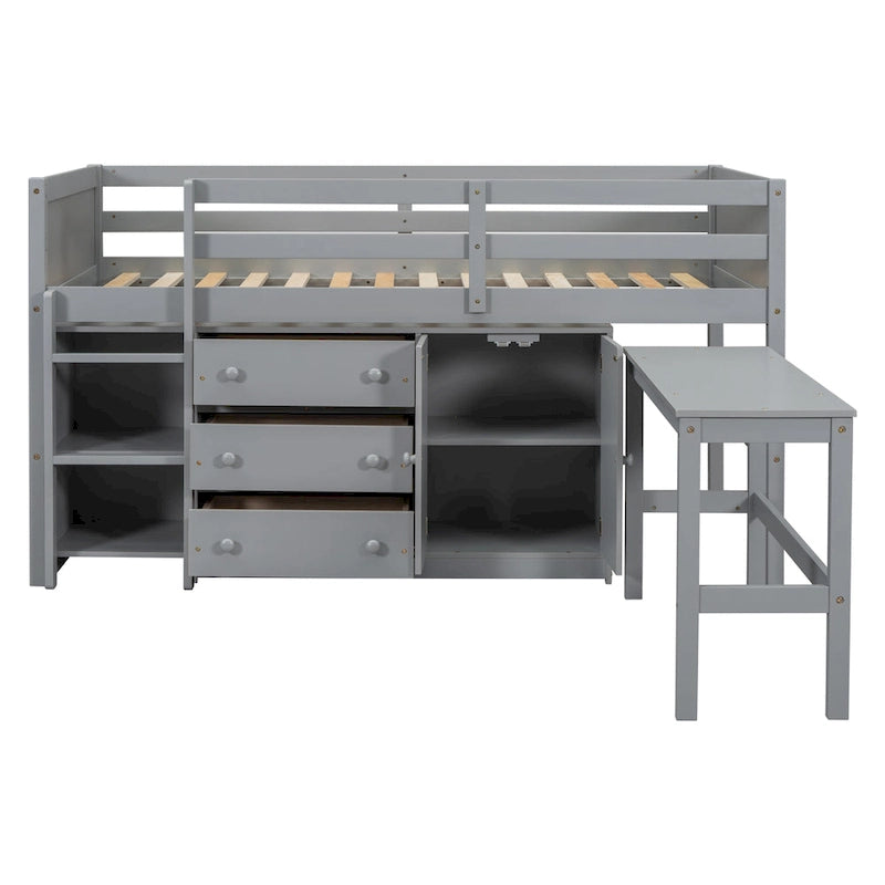 Grey Twin Wood Low Loft Bed with Pull-Out Desk and Shelves