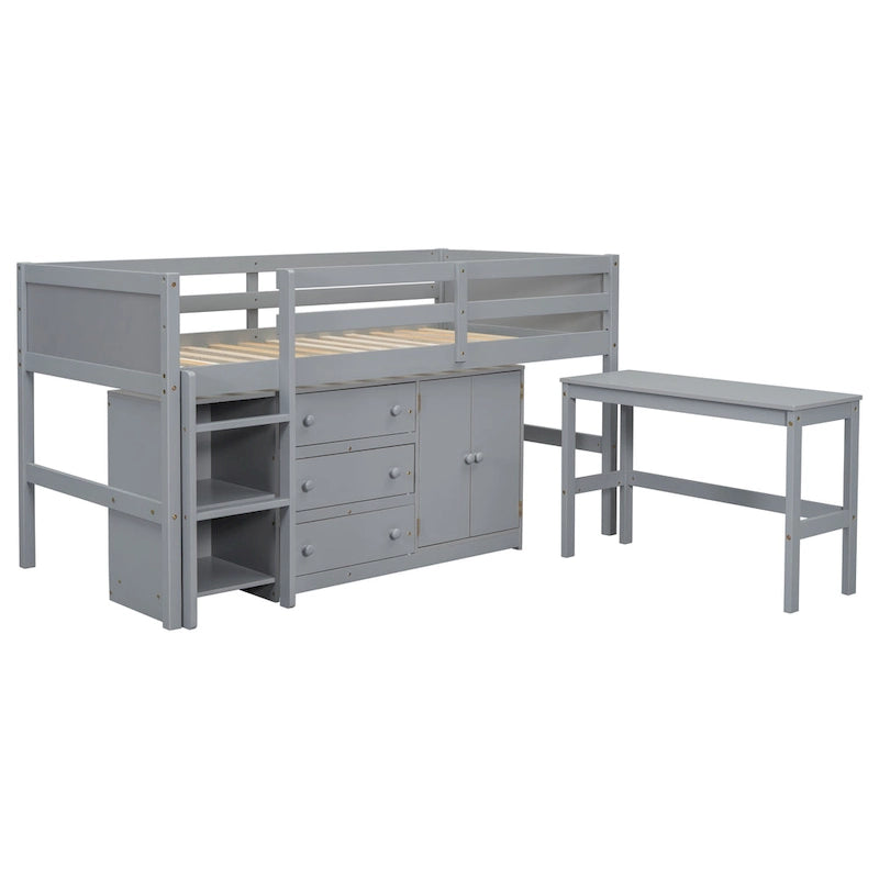 Grey Twin Wood Low Loft Bed with Pull-Out Desk and Shelves