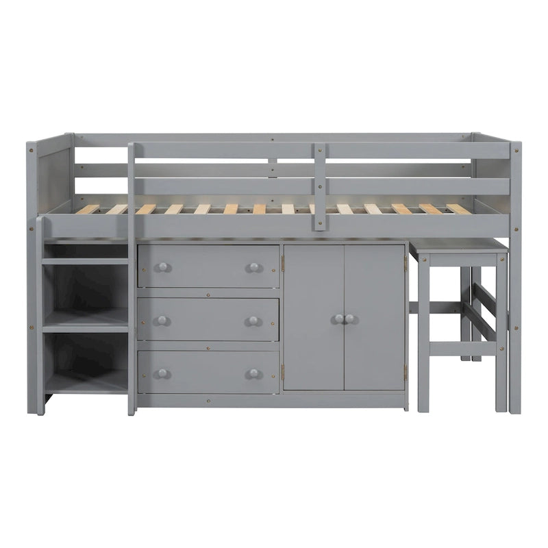 Grey Twin Wood Low Loft Bed with Pull-Out Desk and Shelves