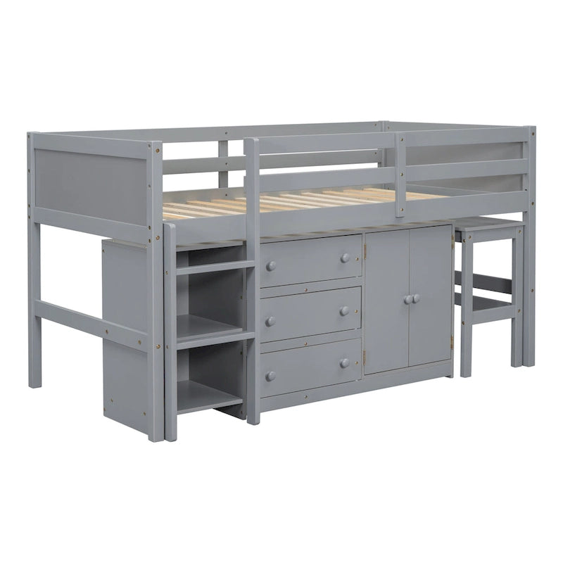 Grey Twin Wood Low Loft Bed with Pull-Out Desk and Shelves