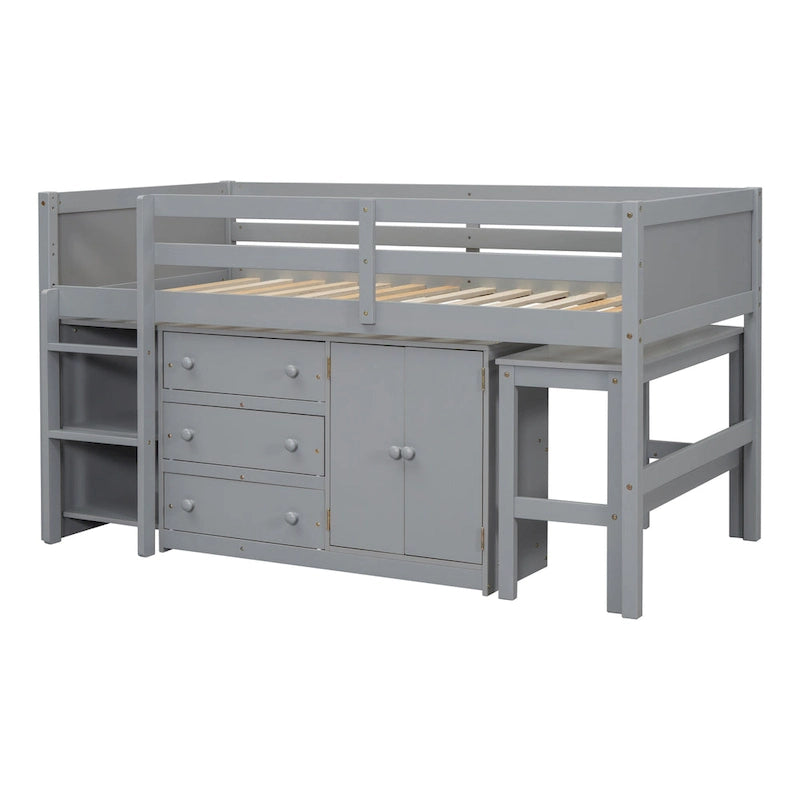 Grey Twin Wood Low Loft Bed with Pull-Out Desk and Shelves
