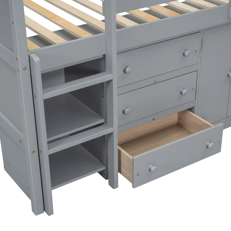 Grey Twin Wood Low Loft Bed with Pull-Out Desk and Shelves