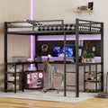 Black Full XL Metal Loft Bed with Desk, Shelves, Ladder, and Guardrails