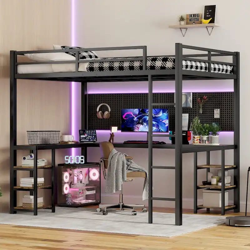 Black Full XL Metal Loft Bed with Desk, Shelves, Ladder, and Guardrails