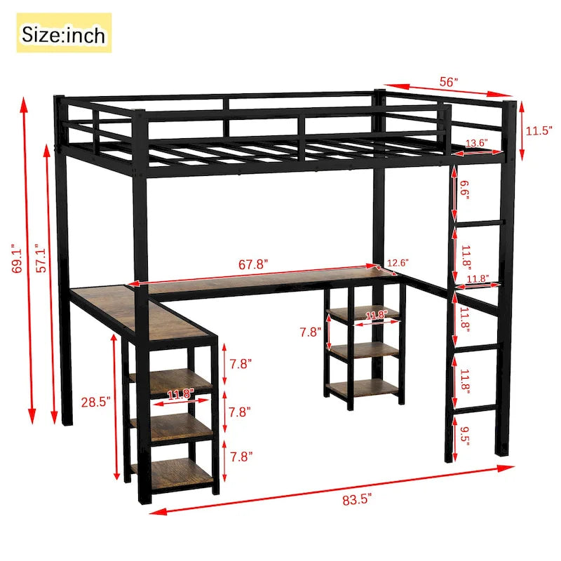 Black Full XL Size Metal Loft Bed with Desk, Shelves, Ladder, and Guardrails