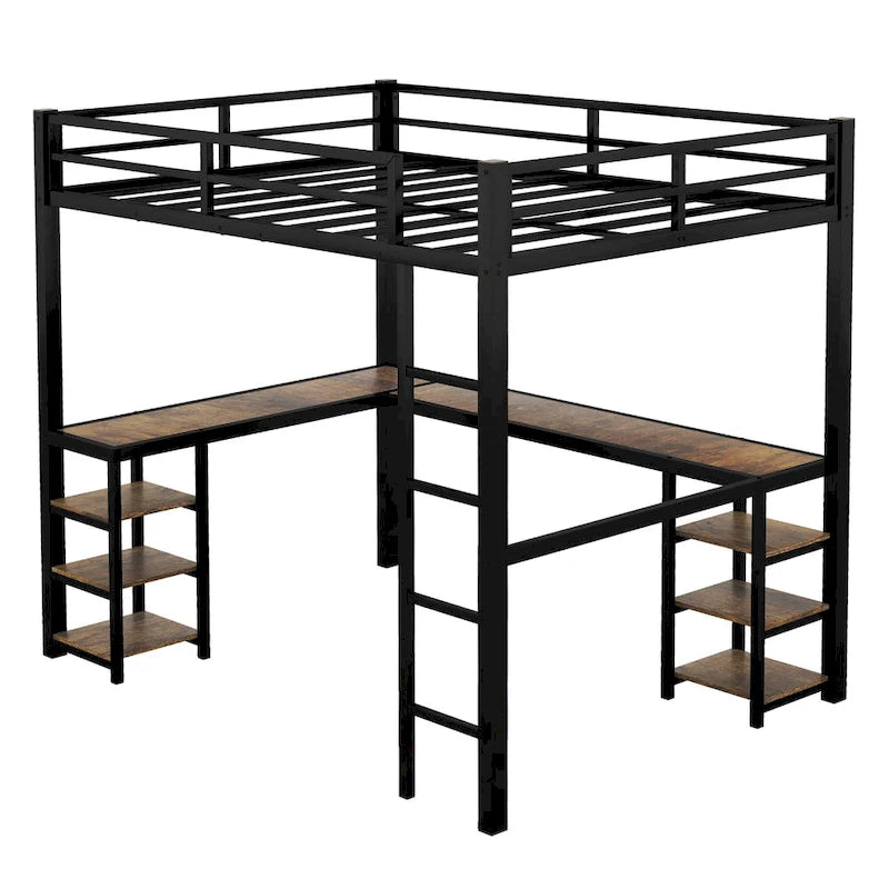Black Full XL Metal Loft Bed with Desk, Shelves, Ladder, and Guardrails