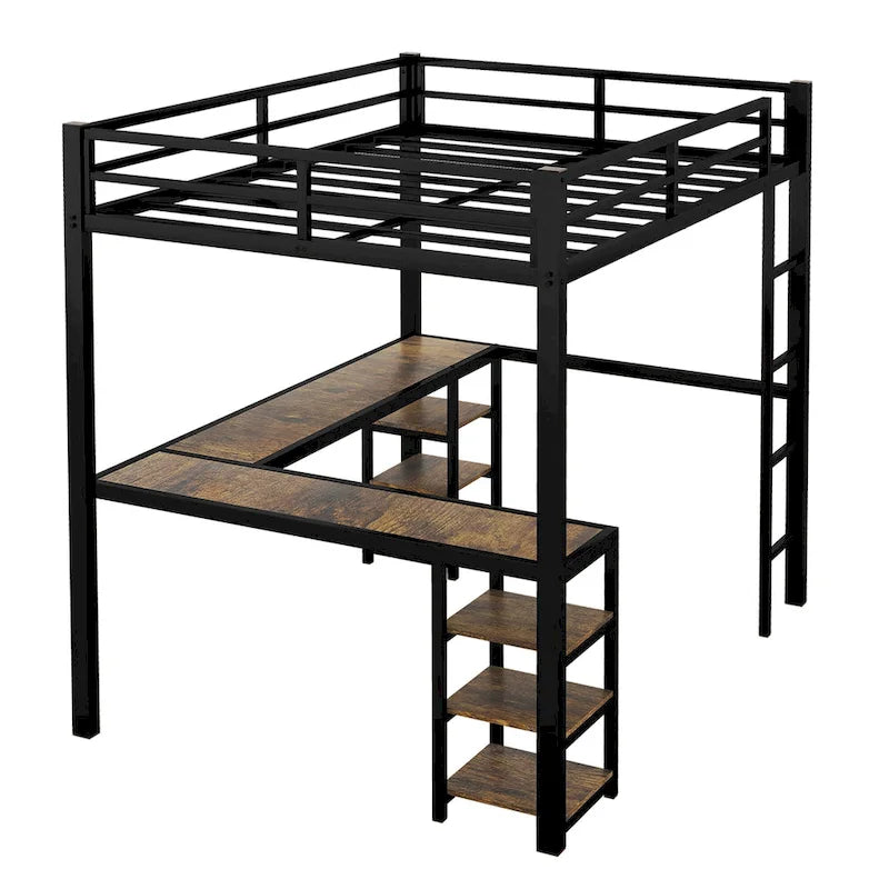 Black Full XL Metal Loft Bed with Desk, Shelves, Ladder, and Guardrails